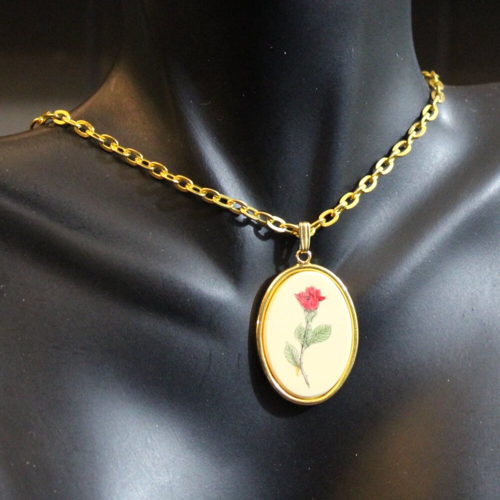 Vintage Barlow Hand Painted Rose Gold Tone Pendant Necklace